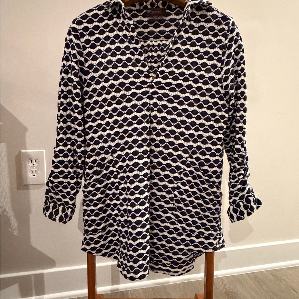 ForCynthia Navy & White Geometric Button-Front Coverup Large